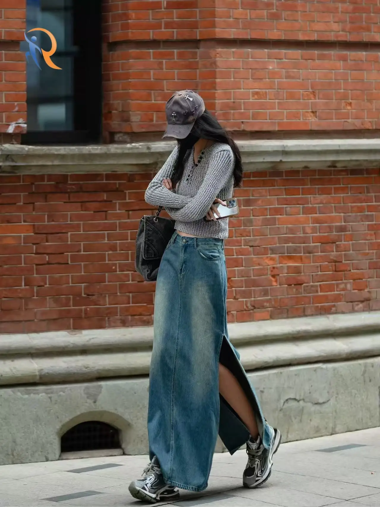 Blue Vintage Wash High-Waisted Slim-Fit Straight Maxi Denim Skirt 1