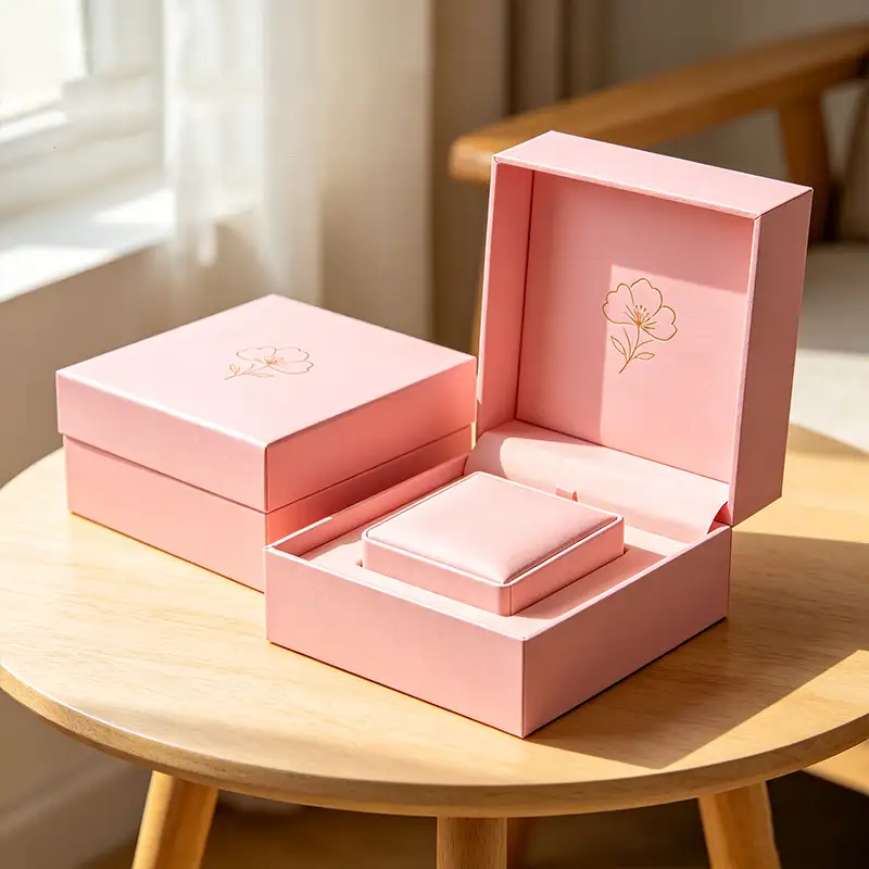 Customized Recyclable Pink Magnetic Paperboard Book Box with Gold-embossed Logo Matt Lamination for Jewelry Necklace Packaging 1