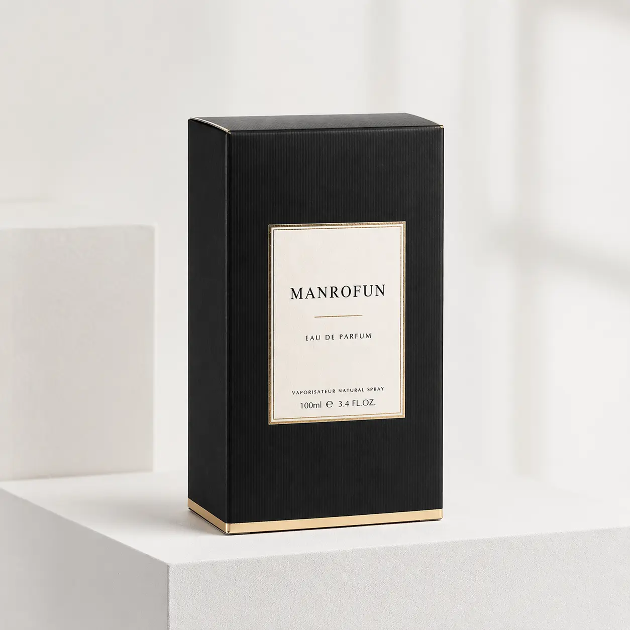 Black Cylindrical Perfume Gift Box with Gold Base Packaging Design 1