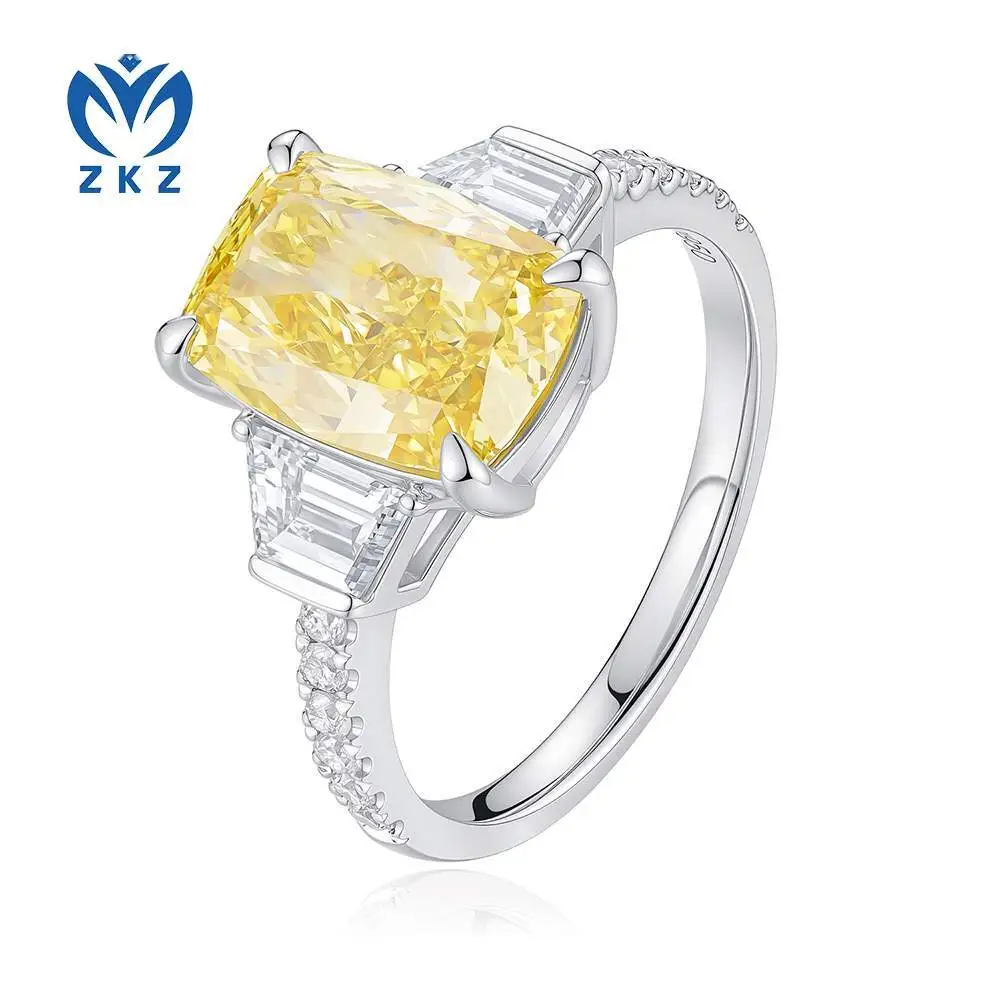 Bague de fiançailles en platine, sertie d'un diamant jaune vif de culture en forme de coussin, d'un diamant taille émeraude de 3,52 ct VS1 et d'un diamant rond, taille US 6, ZKHZ026 1
