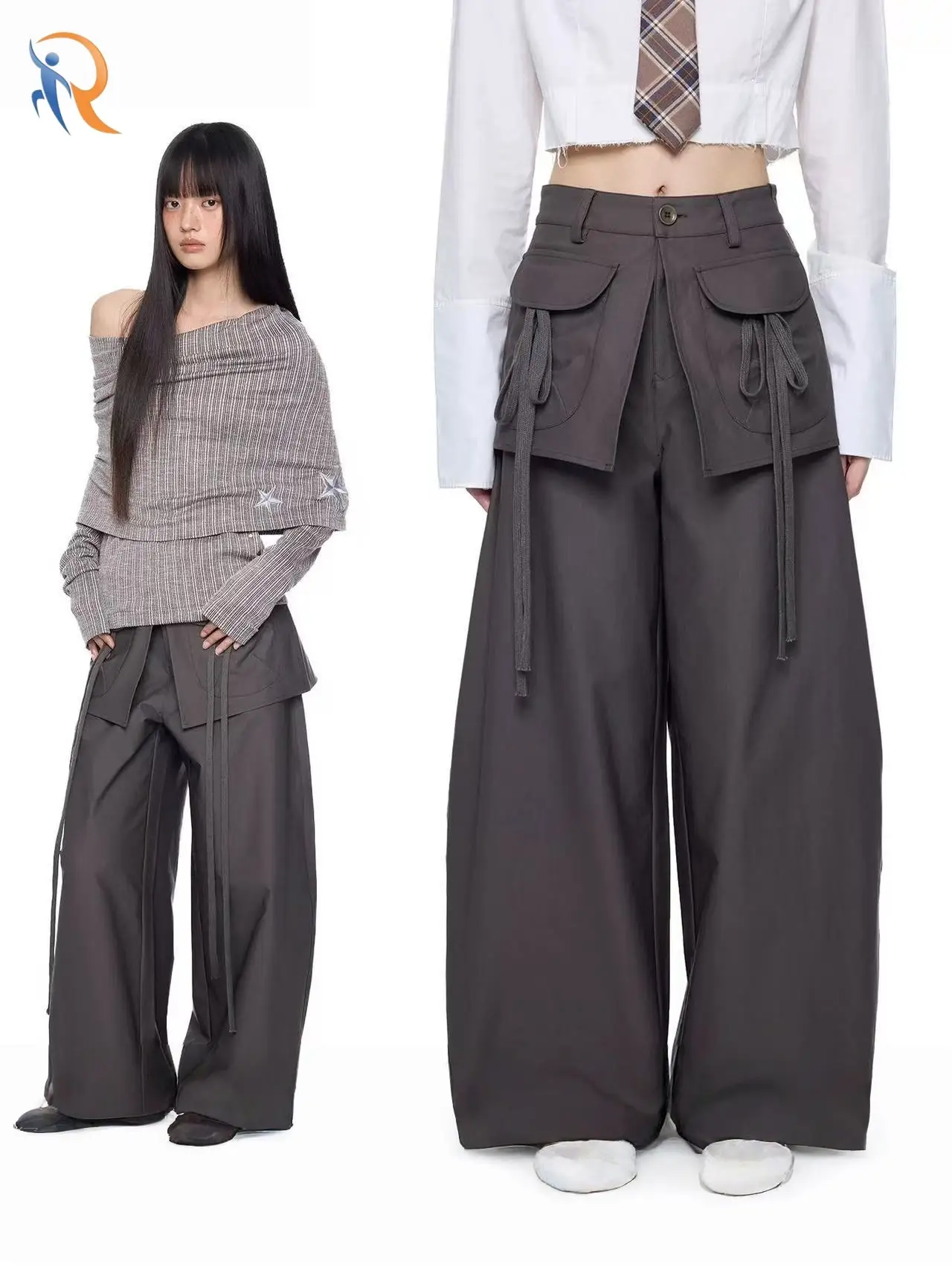 Spliced Drawstring Pocket Wide-Leg Pants with Loose Fit and Draping 1