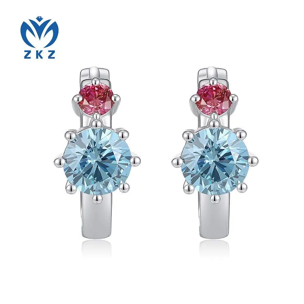 18K white round blue-pink cultivated diamond stud earrings in two colors and two stones - a light luxury earpiece for ladies. Model number: ZKLZ001 1