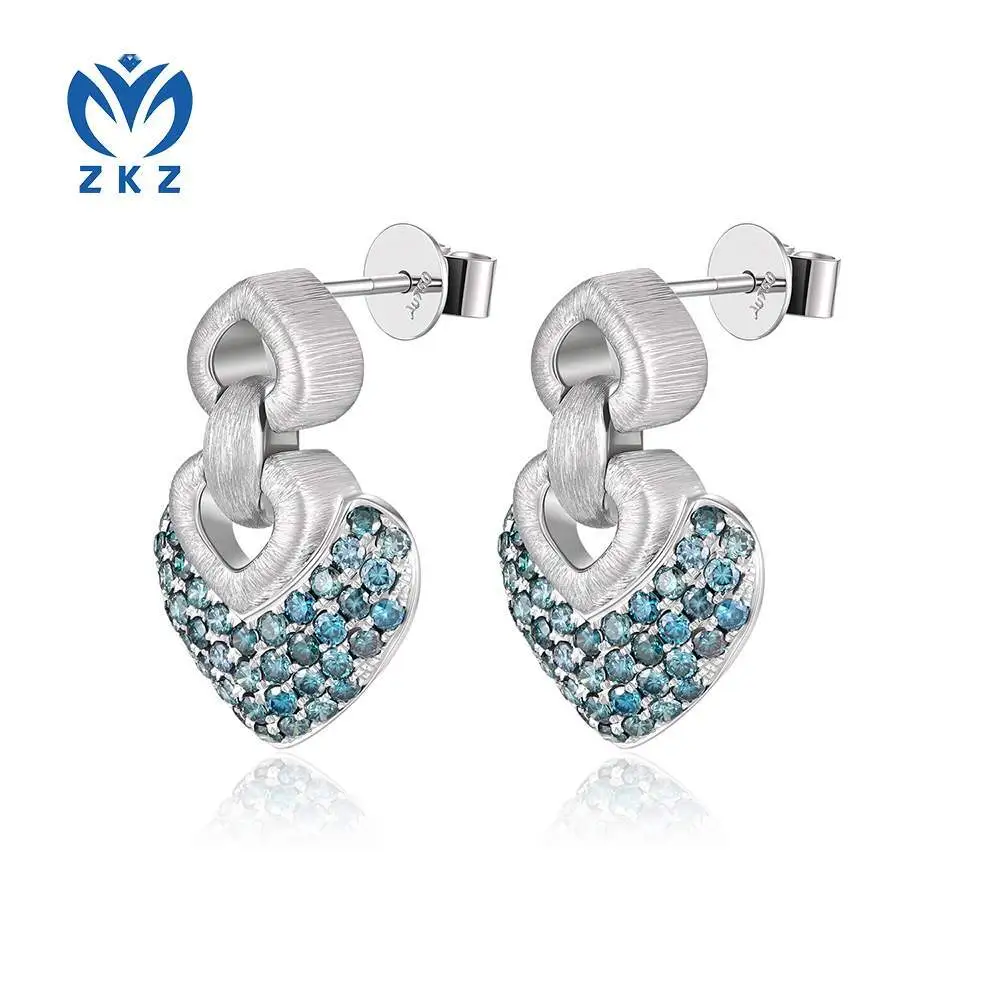 18K white material laboratory-grown diamond gradient blue diamond double-heart pave drop earrings for women as engagement jewelry. ZKLZ010 1