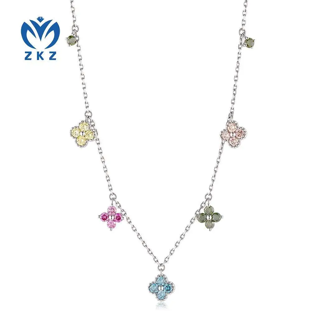 18K white gold multi-color cultivated diamond four-leaf clover collar chain with gradient soft colors, four-leaf clover pendant, elegant neck accessory for ladies, ZKLZ016 1