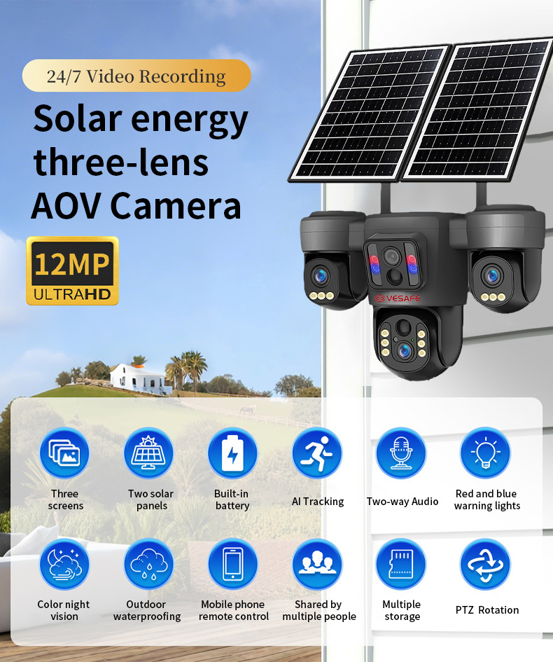 12MP 4Gソーラーカメラ、3レンズ3画面AOV 24時間365日録画屋外PTZカメラ 2