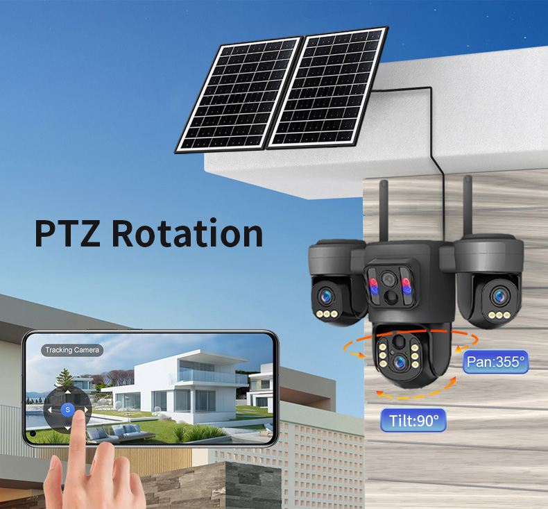 12MP 4Gソーラーカメラ、3レンズ3画面AOV 24時間365日録画屋外PTZカメラ 6
