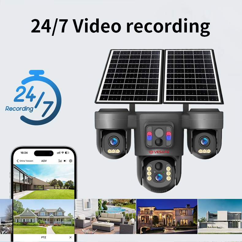 12MP 4Gソーラーカメラ、3レンズ3画面AOV 24時間365日録画屋外PTZカメラ 10