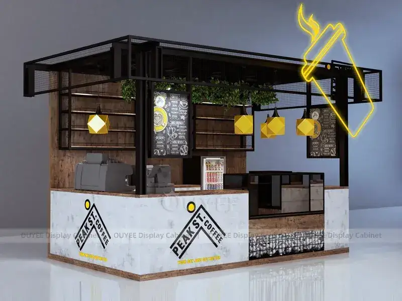 Kiosque de café industriel noir avec enseigne au néon jaune et comptoir en bois 1