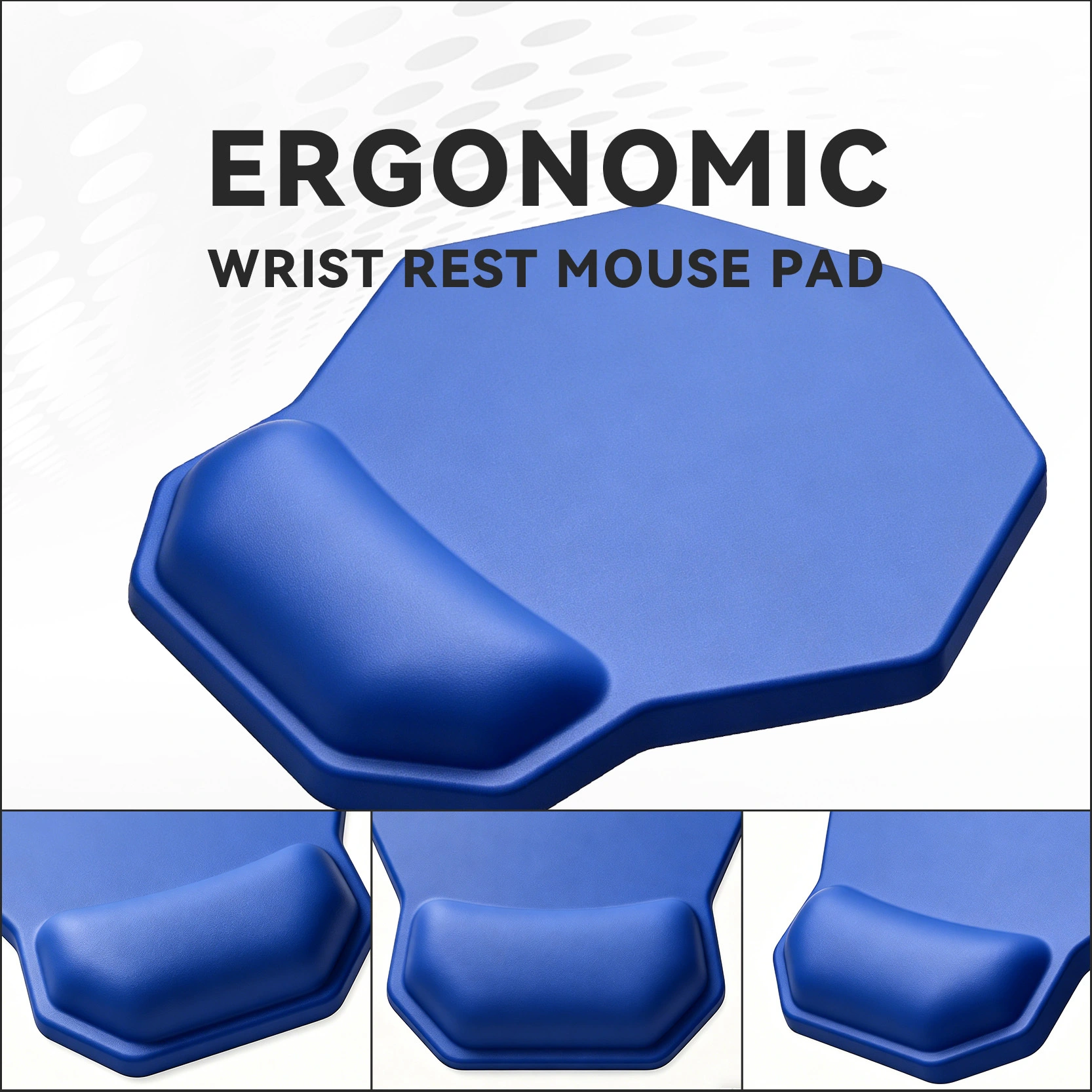 Blue hexagonal ergonomic wrist rest mouse pad, multi-angle appearance display, minimalist solid color design