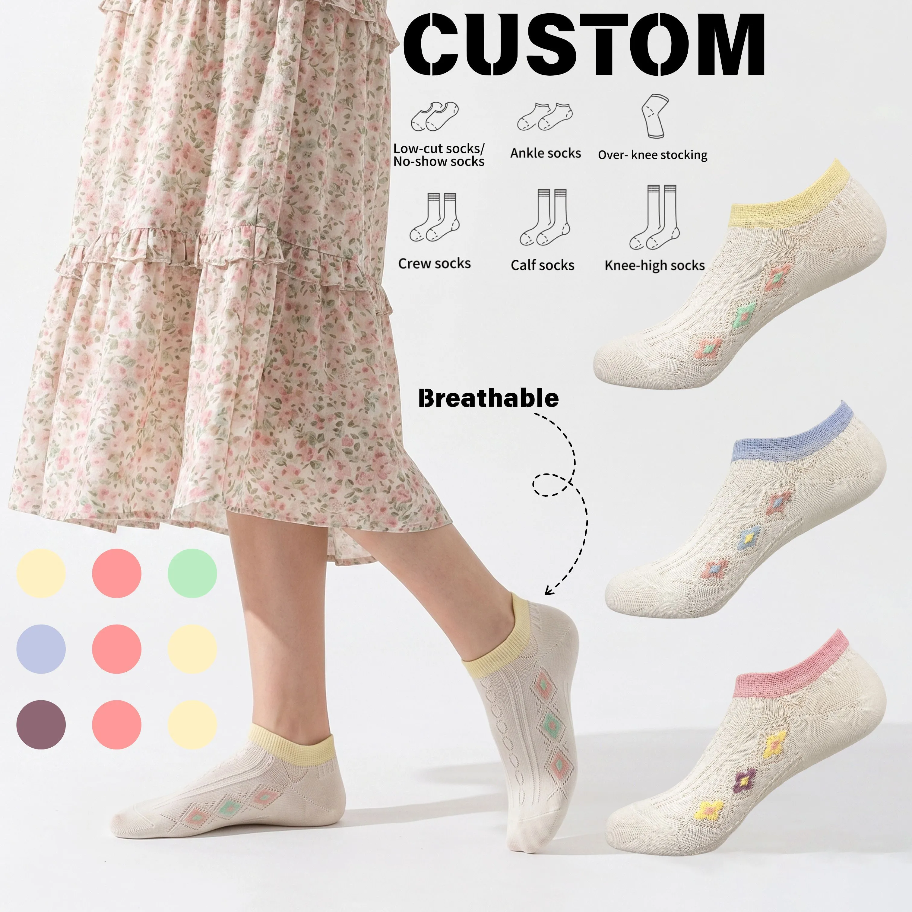 Calcetines de punto transpirables personalizados para mujer, ideales para primavera y verano. Calcetines bajos HY-W-131 1