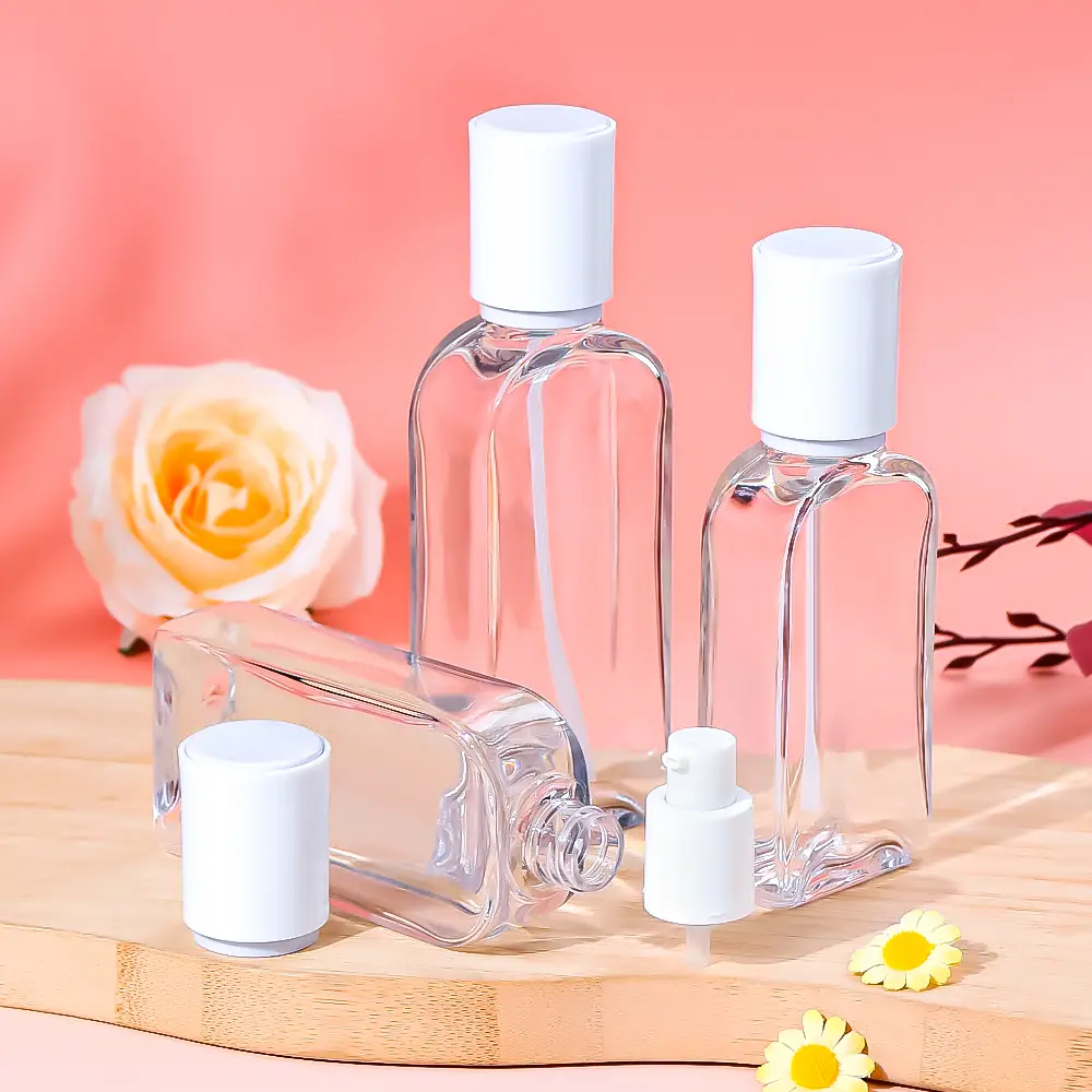 PETG Flat Transparent Cosmetic Bottle with Double-Layer White Cap | Spray & Lotion Pump Interchangeable 1