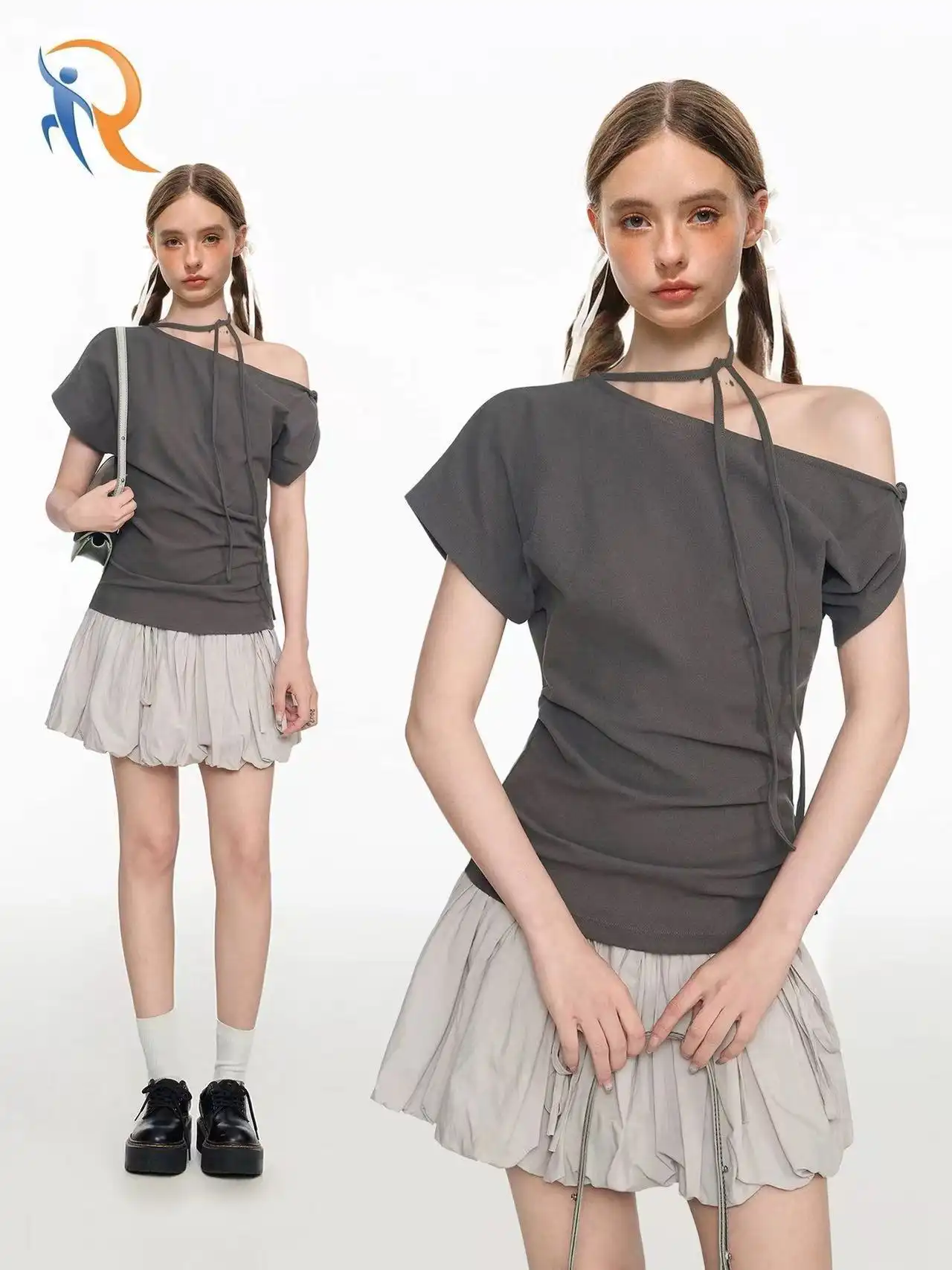 بلوزة رمادية بأكمام قصيرة مكشوفة الكتفين للنساء 1