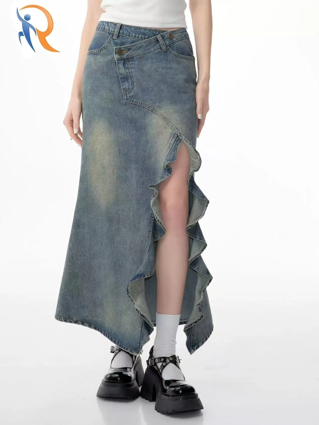 تنورة جينز ميدي نسائية بتصميم كلاسيكي بخصر عالٍ وقصة ضيقة وحافة مشقوقة 1