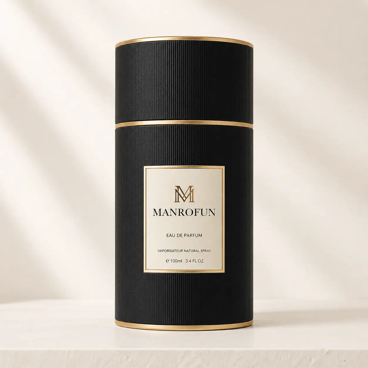 MANROFUN Cylindrical Perfume Box with Gold Accent Packaging 1