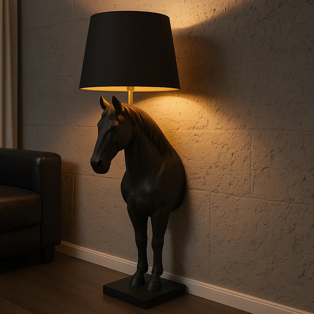 Lampadaire contemporain demi-cheval, corps robuste en fibre de verre + base en marbre massif, lampe décorative pour intérieurs luxueux et modernes 1