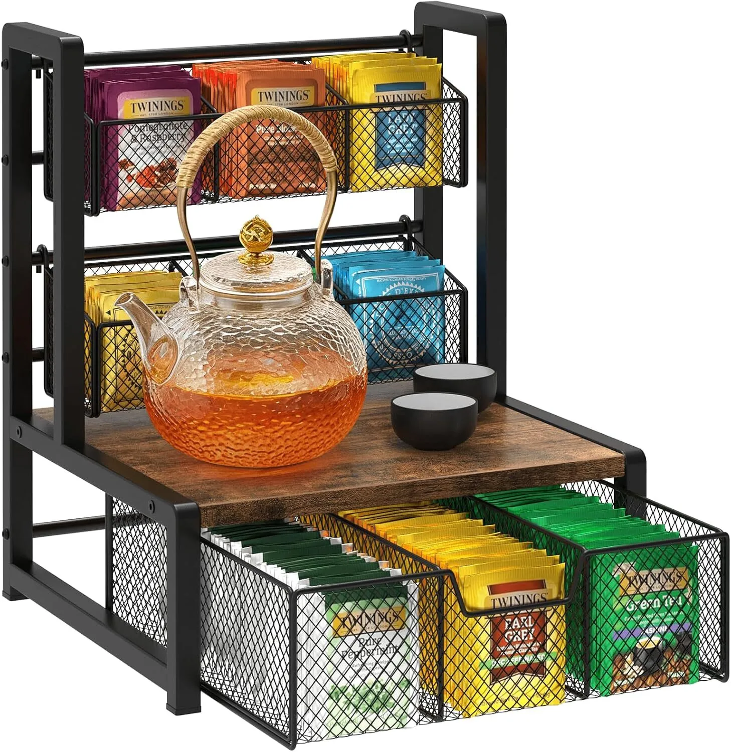 SH-KI23114 Tea Bag Organizer, 3 Tier Tea Storage Container Box, Wood Tea Station Caddy, Teabag Holder Stand with Drawer Basket, Large Tea Chest Display Rack for Countertop Cabinet Office, Rustic Brown 1