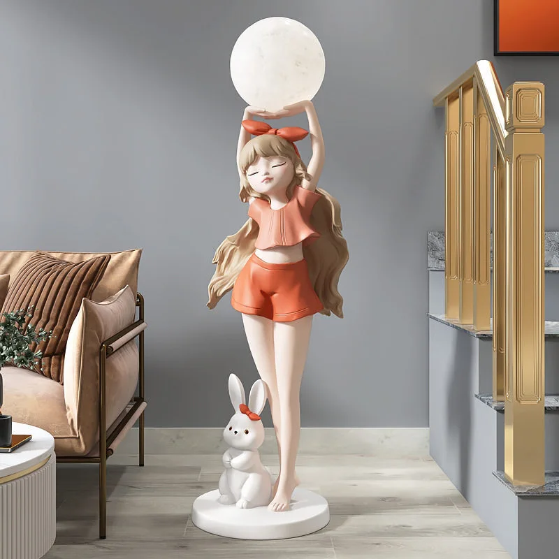 Girl with Rabbit Floor Lamp, Cute Girl Sculpture Standing Light with Moon Globe, Decorative Lamp for Bedroom, Kids Room, Living Room 1