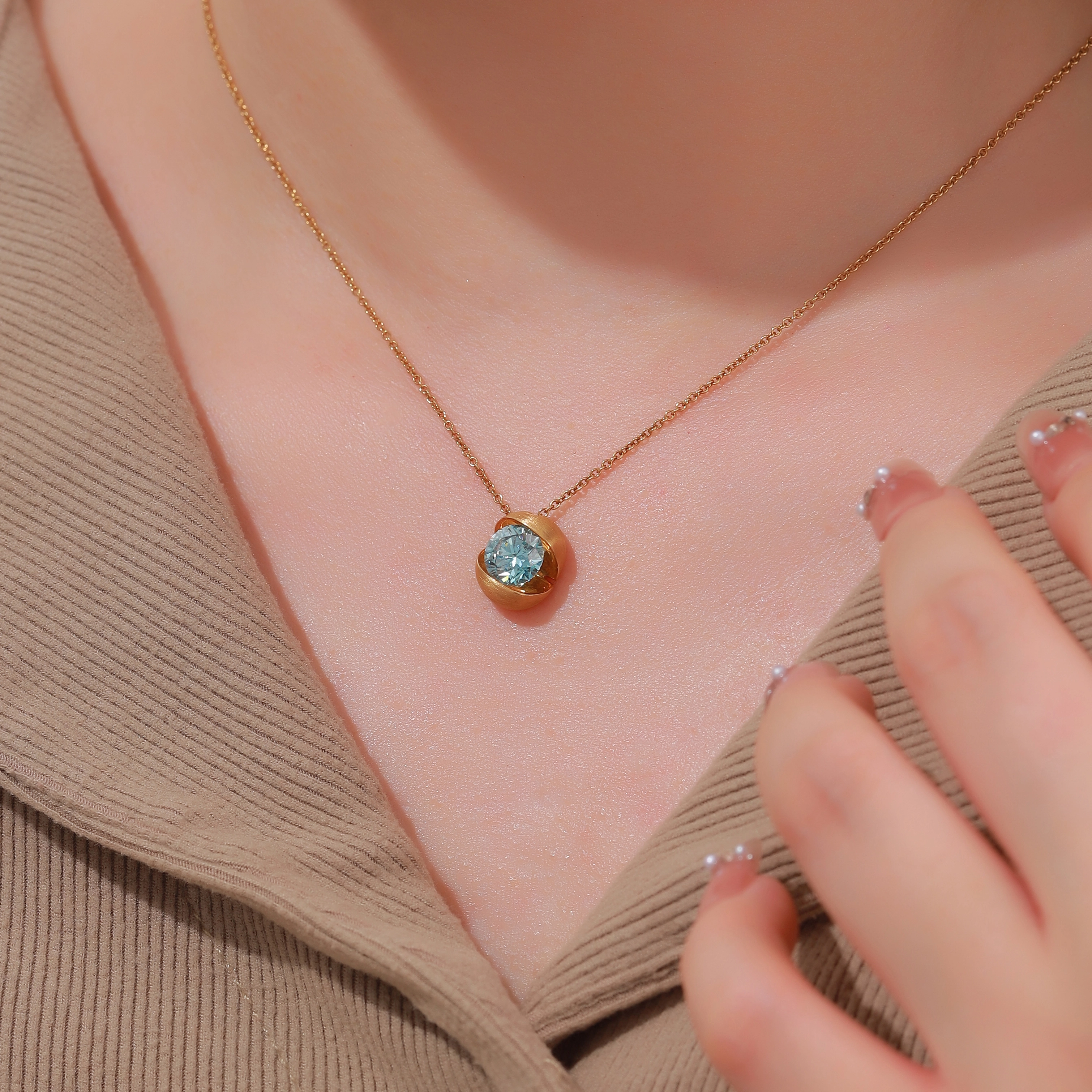 1.56ct Blue Round Lab Grown Diamond Necklace Classic Design Necklace ZKCZ02102 1