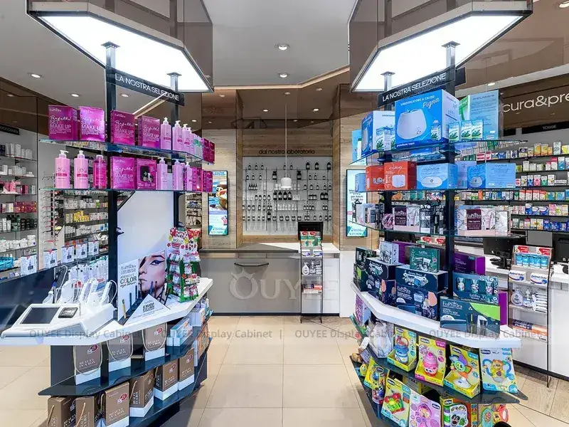 Banco cassa della farmacia con torre a gondola illuminata 1