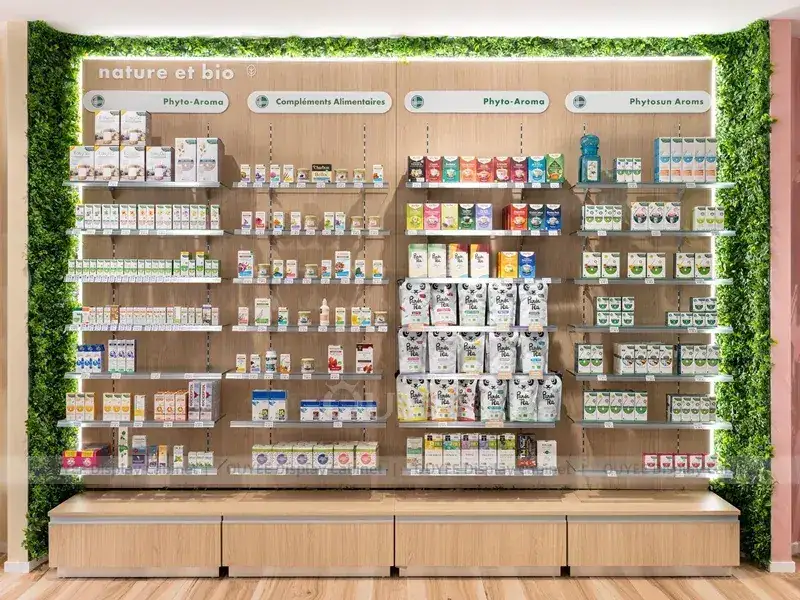 Scaffalatura a doghe in legno rosa per farmacia con pavimento in legno chiaro 1