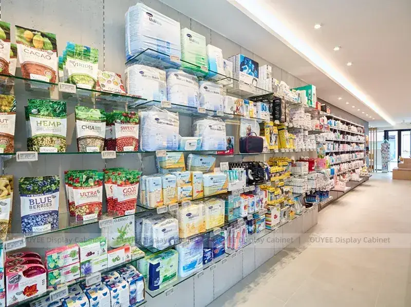 Étagères murales en bois pour pharmacie avec long meuble bas blanc 1