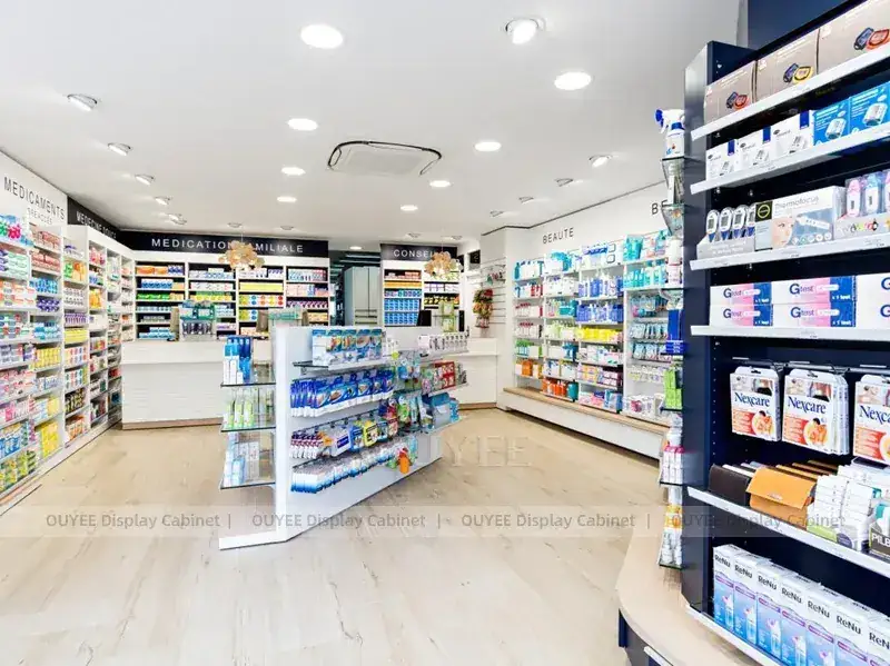 Rayonnages gondoles rose citron pour pharmacie avec travées murales colorées 1