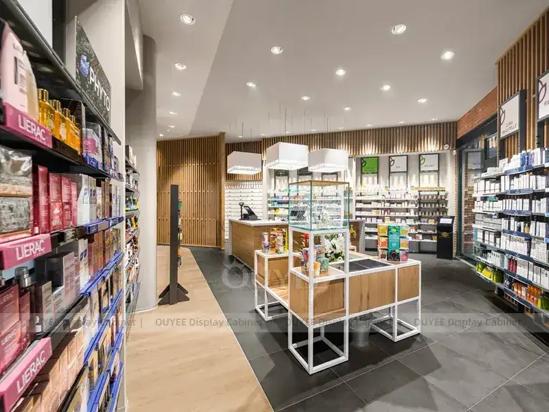 Interno di farmacia con soffitto in legno e bancone della reception. 1