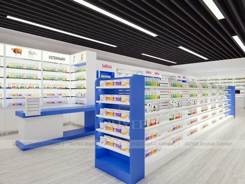 Scaffalature da farmacia blu e bianche con listelli neri sul soffitto 1