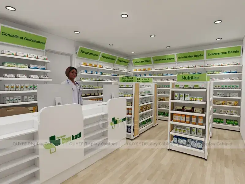 Scaffalature da farmacia verdi e bianche con pannelli laterali alti. 1