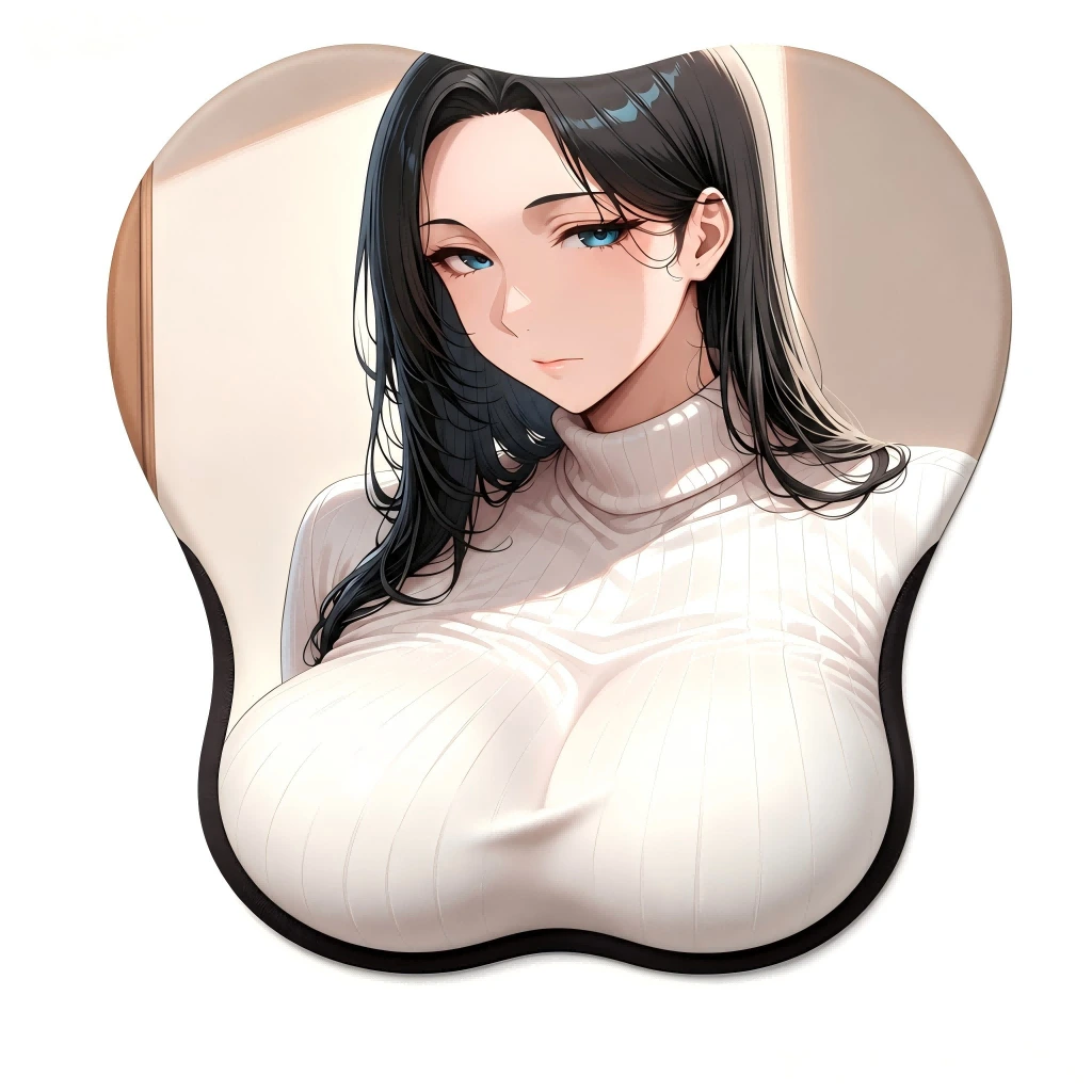 Anime office lady shaped ergonomic wrist rest mouse pad, white turtleneck sweater print design
