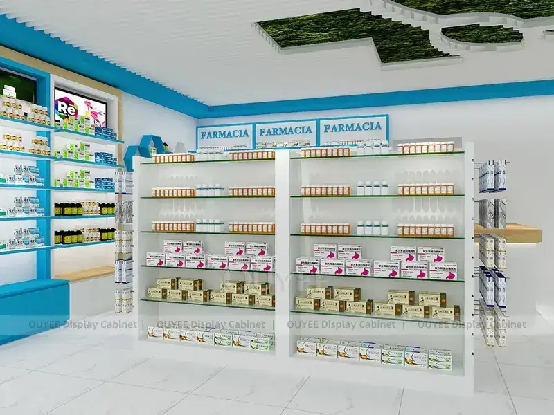 Apothekentheke mit blauem Akzent und hinterleuchteten Wandregalen 1