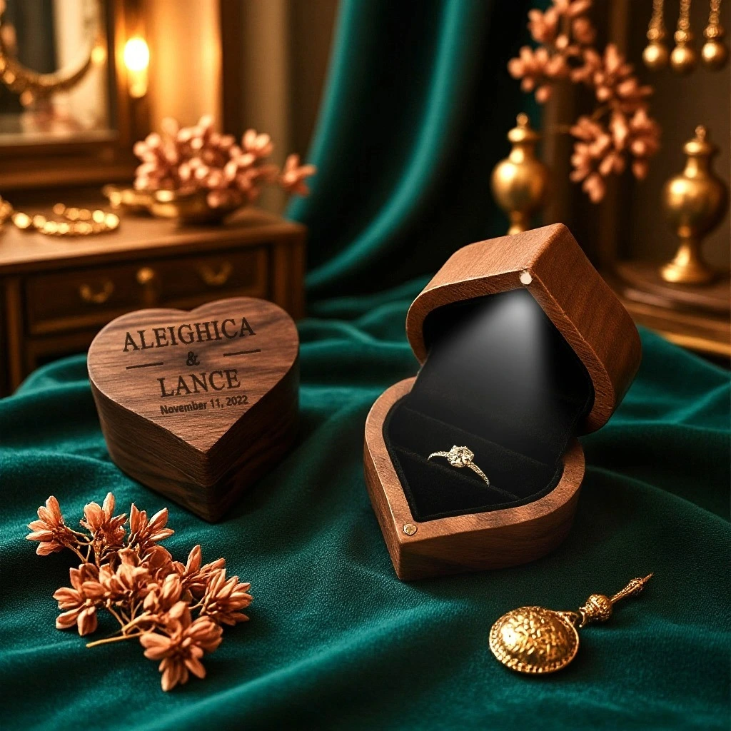 Joyero LED de alta calidad con forma de corazón, fabricado en nogal negro, para anillos, pendientes y colgantes. 1