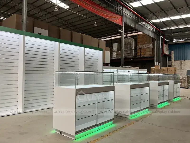 Comptoir vitrine pour téléphones portables en bois et verre orange avec vitrines transparentes 1