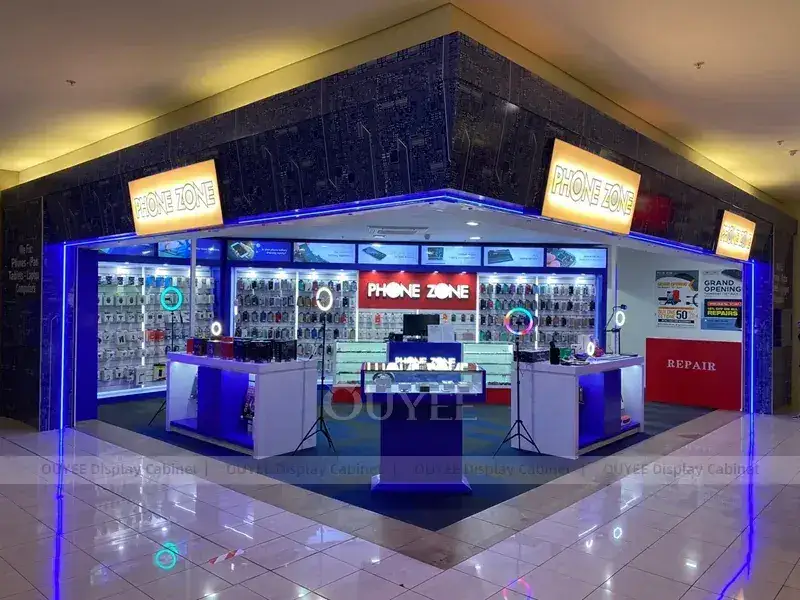 Comptoir vitrine pour téléphones portables en bois et verre violet avec vitrines transparentes 1