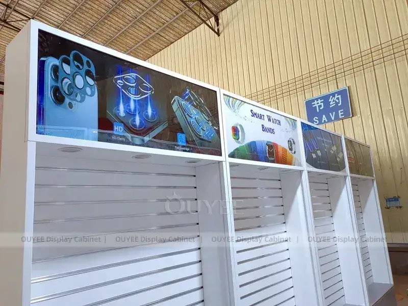 Weiße und blaue LED-Ladeneinrichtungen für Mobiltelefone mit coolen, beleuchteten Wanddisplays 1