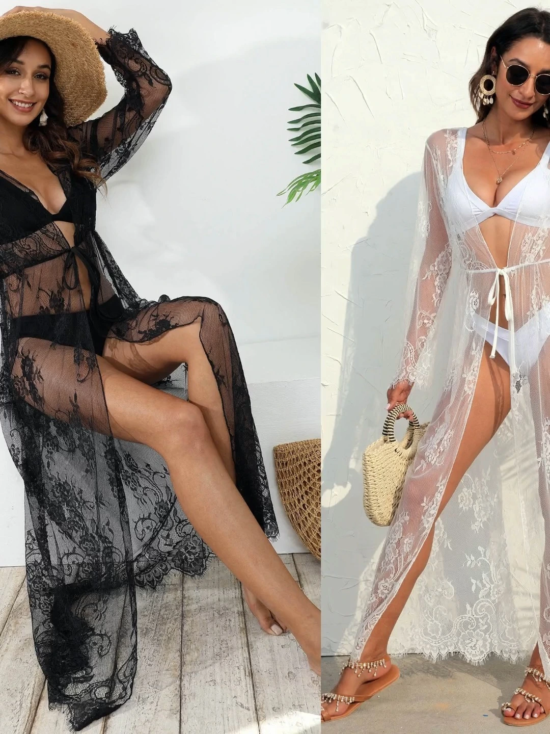 Wholesale Sheer Lace Beach Cardigan | Long Sleeve See Through Cover Up Tie Waist Sun Protection Shrug for Women Custom Logo Factory Direct 1