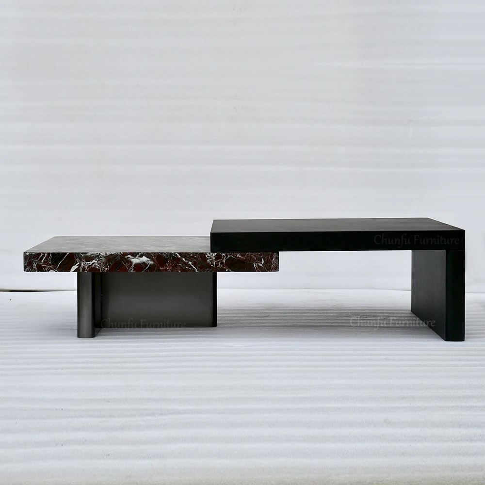 Chunfu Modern Luxury Red Marble and Black Wood Nested Coffee Table Set for Living Room 1