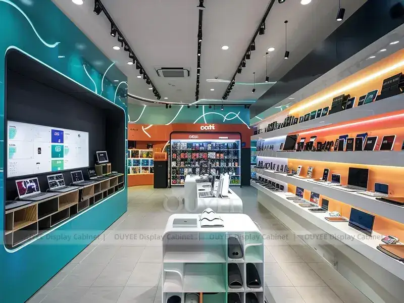 Comptoir vitrine pour téléphones portables en verre bleu et turquoise avec vitrines transparentes 1