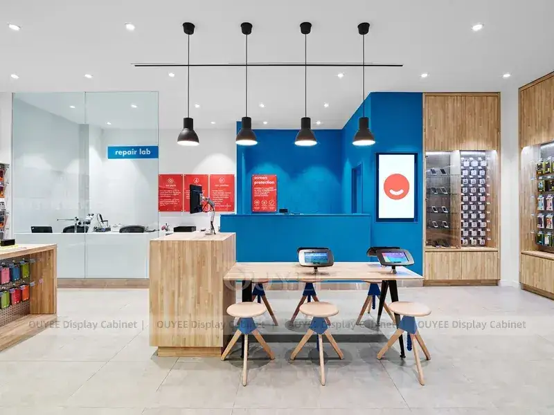 Comptoir vitrine pour téléphones portables en verre blanc et bleu avec vitrines transparentes 1