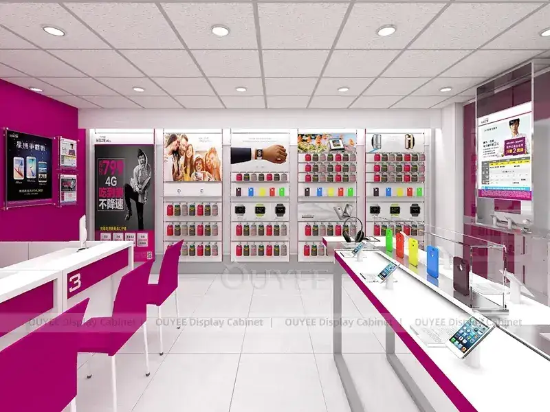 Présentoirs de téléphonie blancs et magenta avec étagères murales rétroéclairées 1