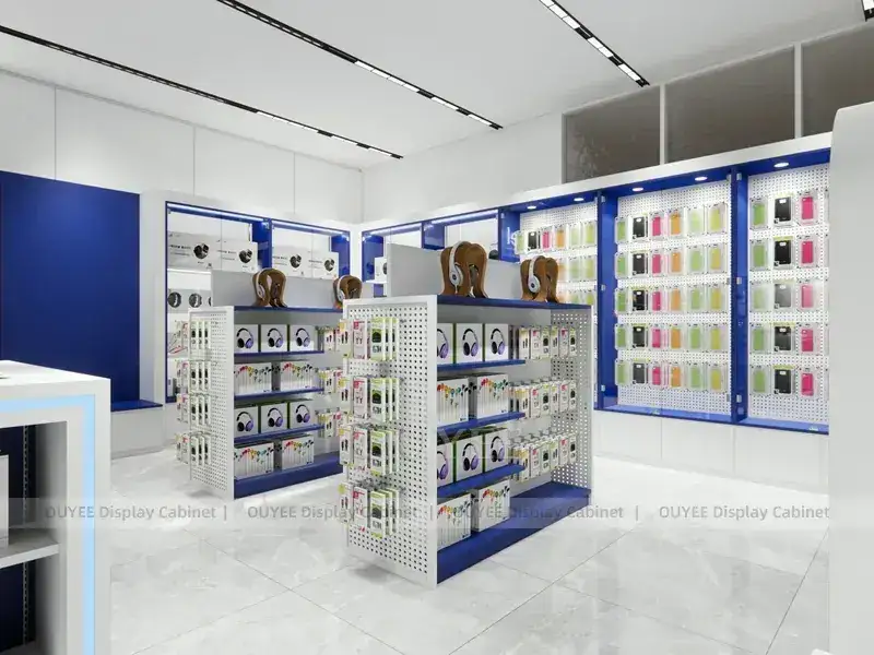 وحدات عرض هواتف محمولة بإضاءة LED بيضاء وزرقاء مع شاشات عرض جدارية مضاءة بشكل رائع لمناطق العرض في الجزر 1