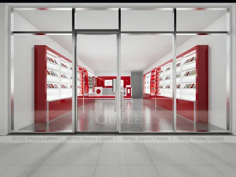 Weiße und rote Ladeneinrichtungen für Mobiltelefone mit hinterleuchteten Wandregalen für Galerien mit Smart-Geräten 1