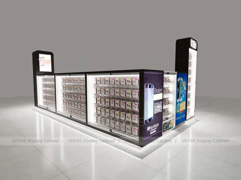 Weiße und blaue LED-Ladeneinrichtungen für Mobiltelefone mit coolen, beleuchteten Wanddisplays für Ladenmodernisierungsprojekte 1