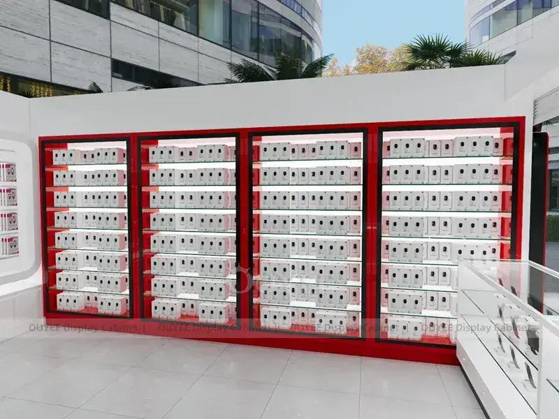 Présentoirs de téléphonie blancs et rouges avec étagères murales rétroéclairées pour agencements de comptoir 1
