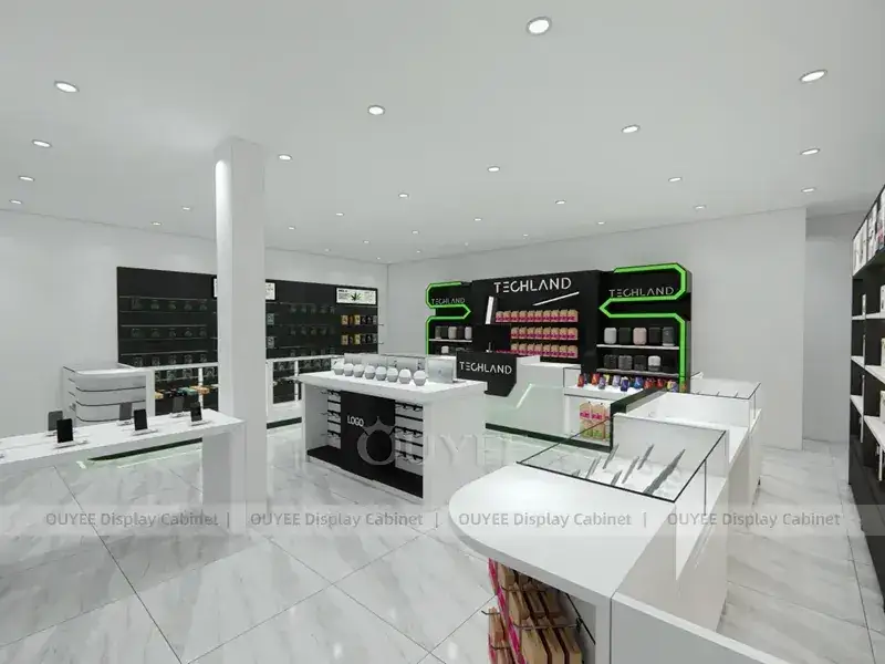 Présentoirs lumineux LED blancs et verts pour boutiques d'accessoires de téléphonie, avec murs d'accessoires éclairés, destinés aux centres commerciaux de télécommunications. 1