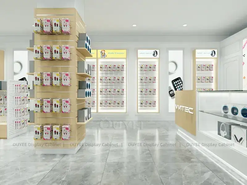 Agencement de boutiques de téléphonie mobile blanc et bois avec panneaux de marque lumineux pour les magasins de réparation et de service. 1