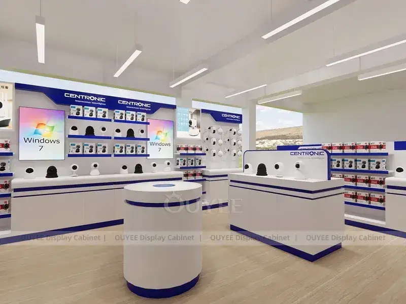 Balcão expositor para celulares em vidro branco e tom de madeira com vitrines transparentes para paredes retroiluminadas da marca. 1