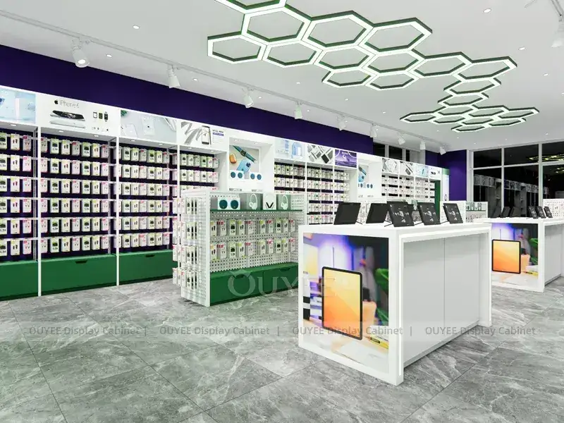 تجهيزات عرض هواتف محمولة بإضاءة LED بيضاء وخضراء مع شاشات عرض جدارية مضاءة بشكل رائع 1
