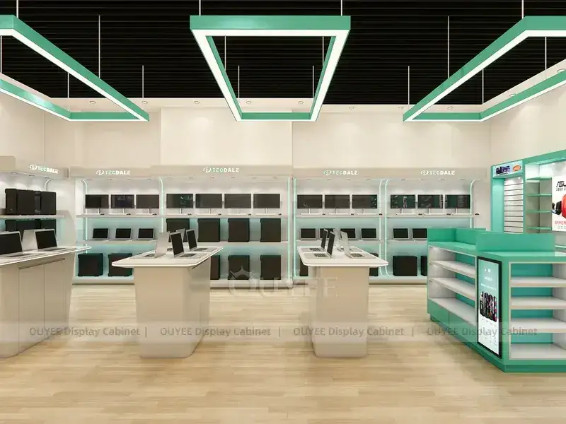 Weiße und holzfarbene Glasvitrine für Mobiltelefone mit transparenten Ausstellungsvitrinen für Kundentestbereiche 1
