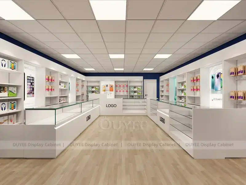 Comptoir vitrine pour téléphones portables en verre blanc et imitation bois avec vitrines transparentes pour murs d'accessoires haut de gamme 1